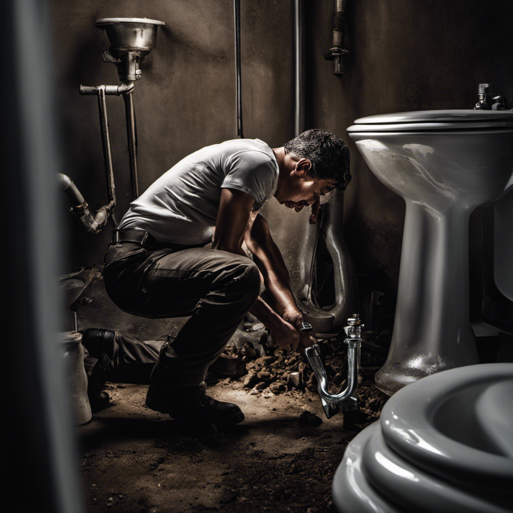 An image featuring a person holding a wrench, crouched by a toilet with water flowing from the supply valve