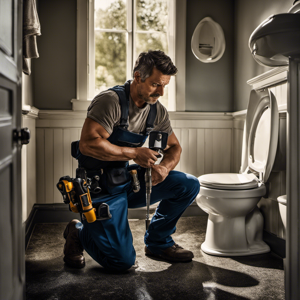 An image of a person kneeling beside a toilet, holding a wrench in one hand and checking the water supply valve with the other