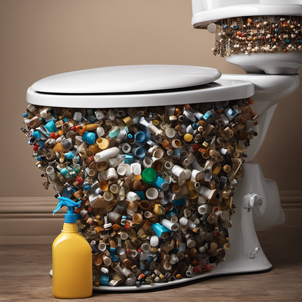 An image showcasing a close-up of a toilet tank with the flapper fully visible, surrounded by cleaning supplies and a replacement flapper nearby