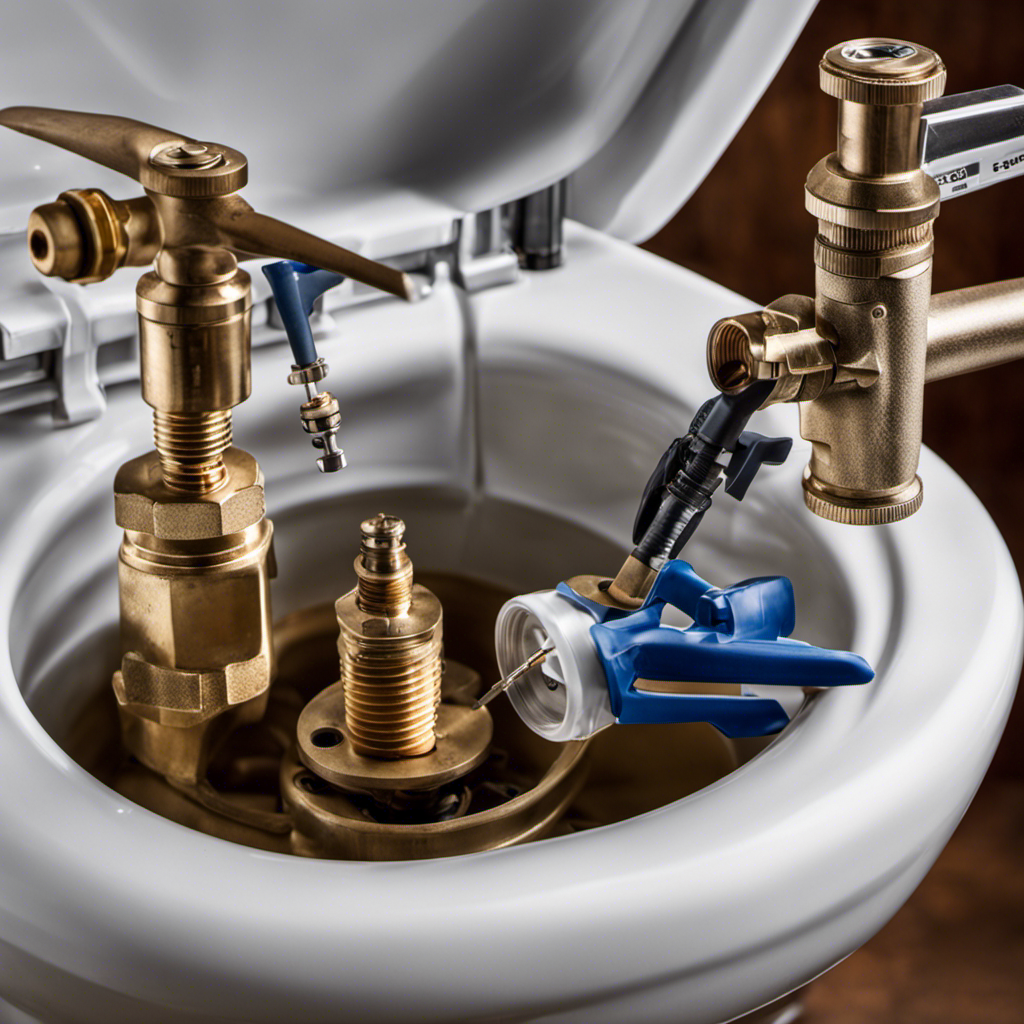 An image of a person inspecting the fill valve, float ball, and flapper valve inside the toilet tank