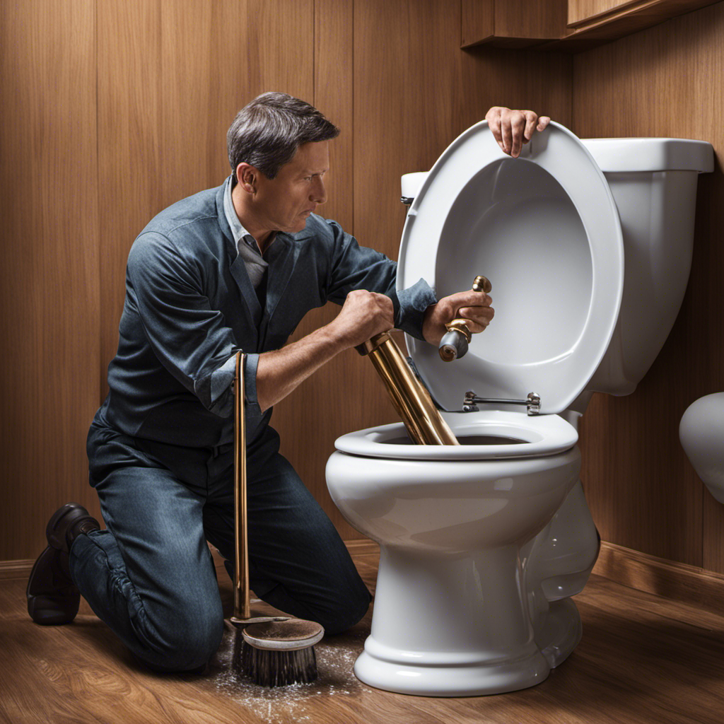 An image depicting a person using a plunger to clear a clogged toilet drain