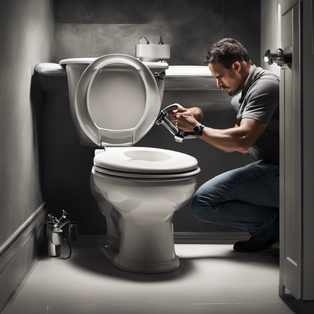 An image of a person holding a wrench, crouched next to a toilet with its tank open