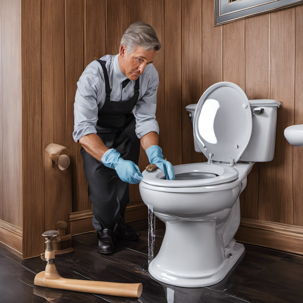 An image featuring a person wearing gloves, using a plunger to unclog a toilet