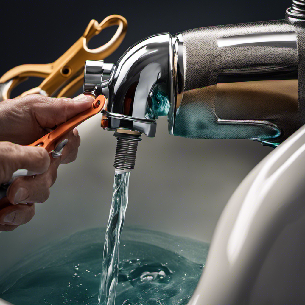 An image showing a close-up of a toilet tank with water overflowing from the top, while a hand reaches in to adjust the float valve, surrounded by tools like pliers, a wrench, and a screwdriver