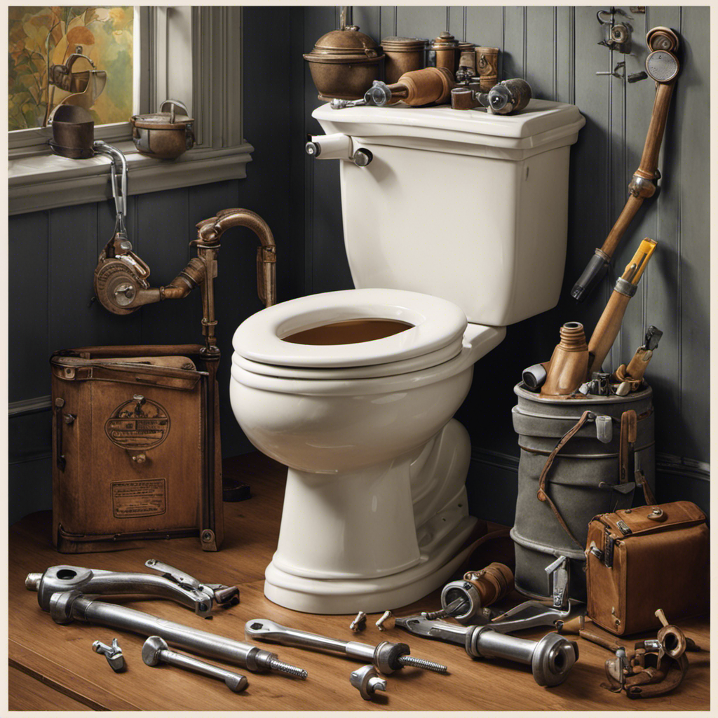 An image showcasing a pair of gloved hands gripping a wrench, poised to tighten the bolts connecting the toilet tank to the bowl