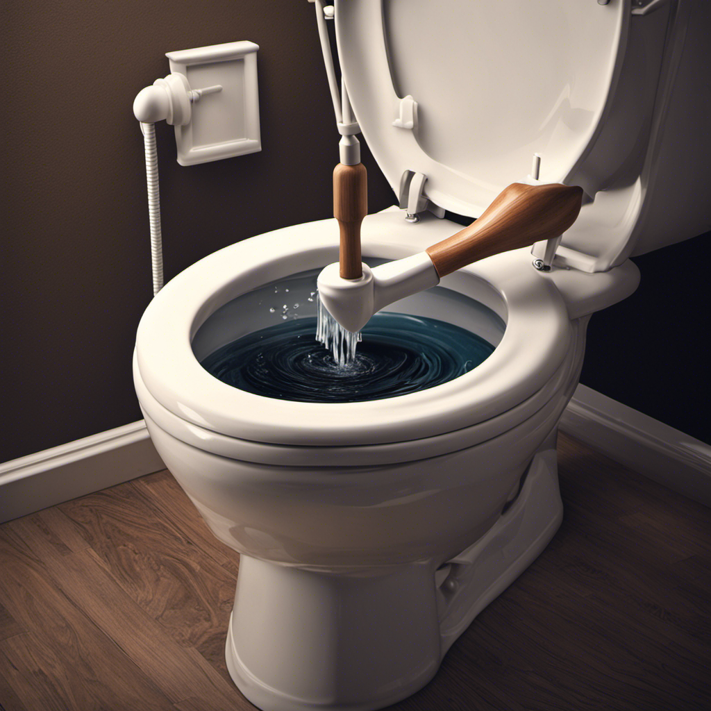 An image showcasing a pair of gloved hands using a plunger to unclog a toilet