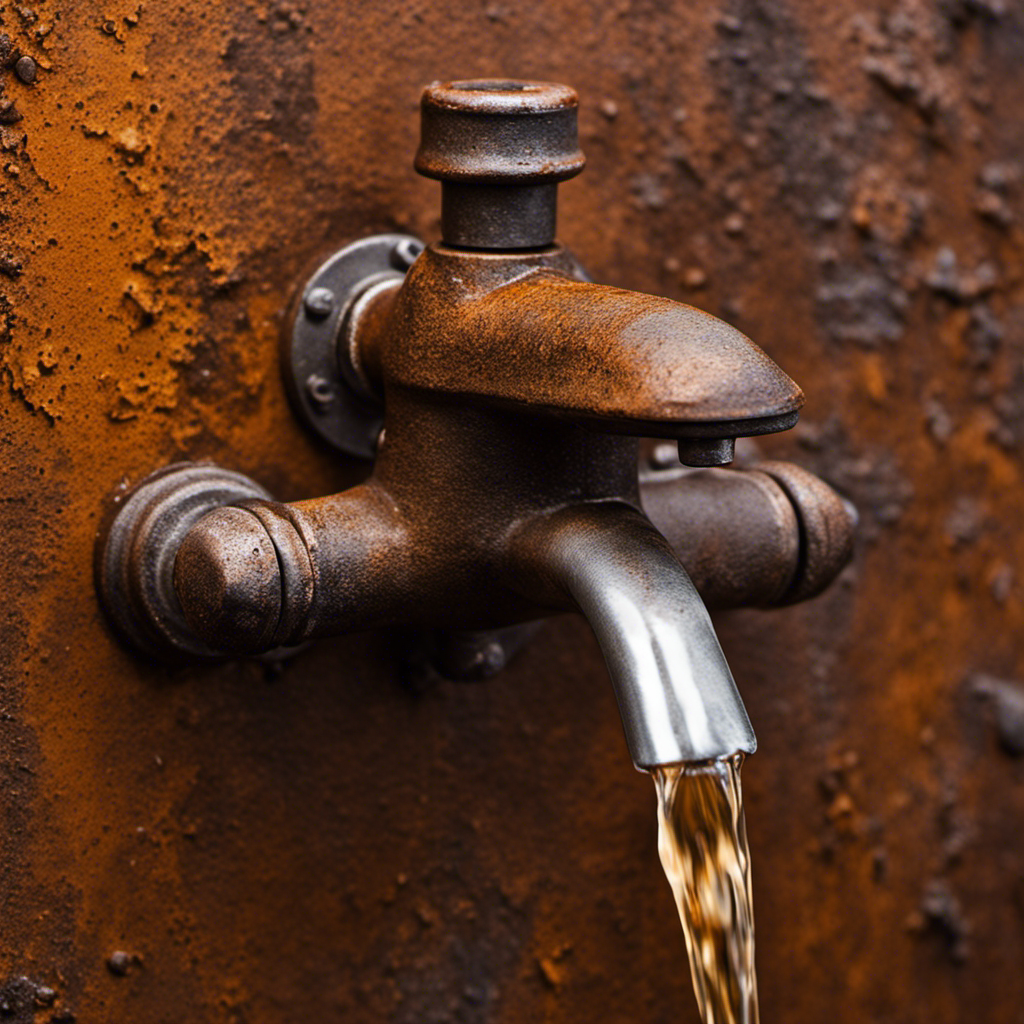 An image depicting a close-up view of a rusty, dripping bathtub faucet