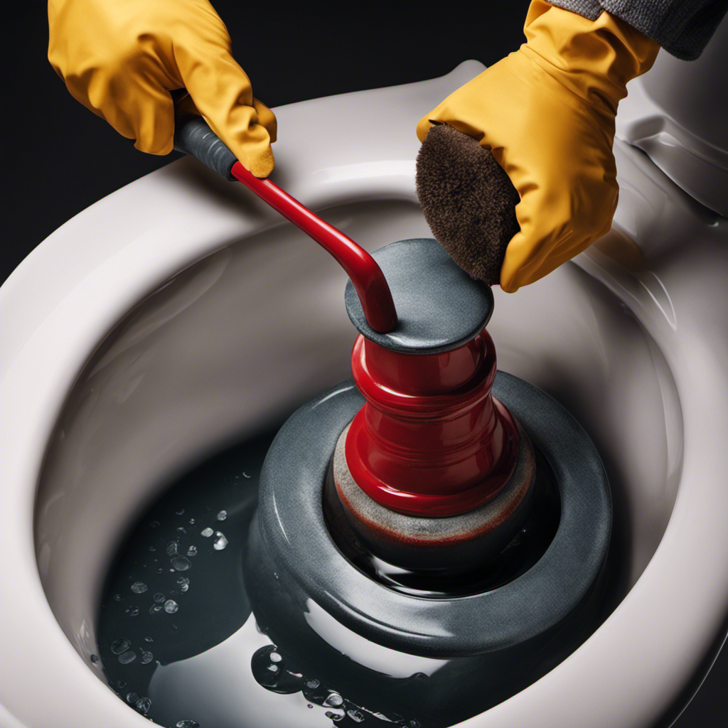 An image showcasing a person wearing rubber gloves, holding a plunger with a firm grip, as they exert force to clear a clog in an overflowing toilet
