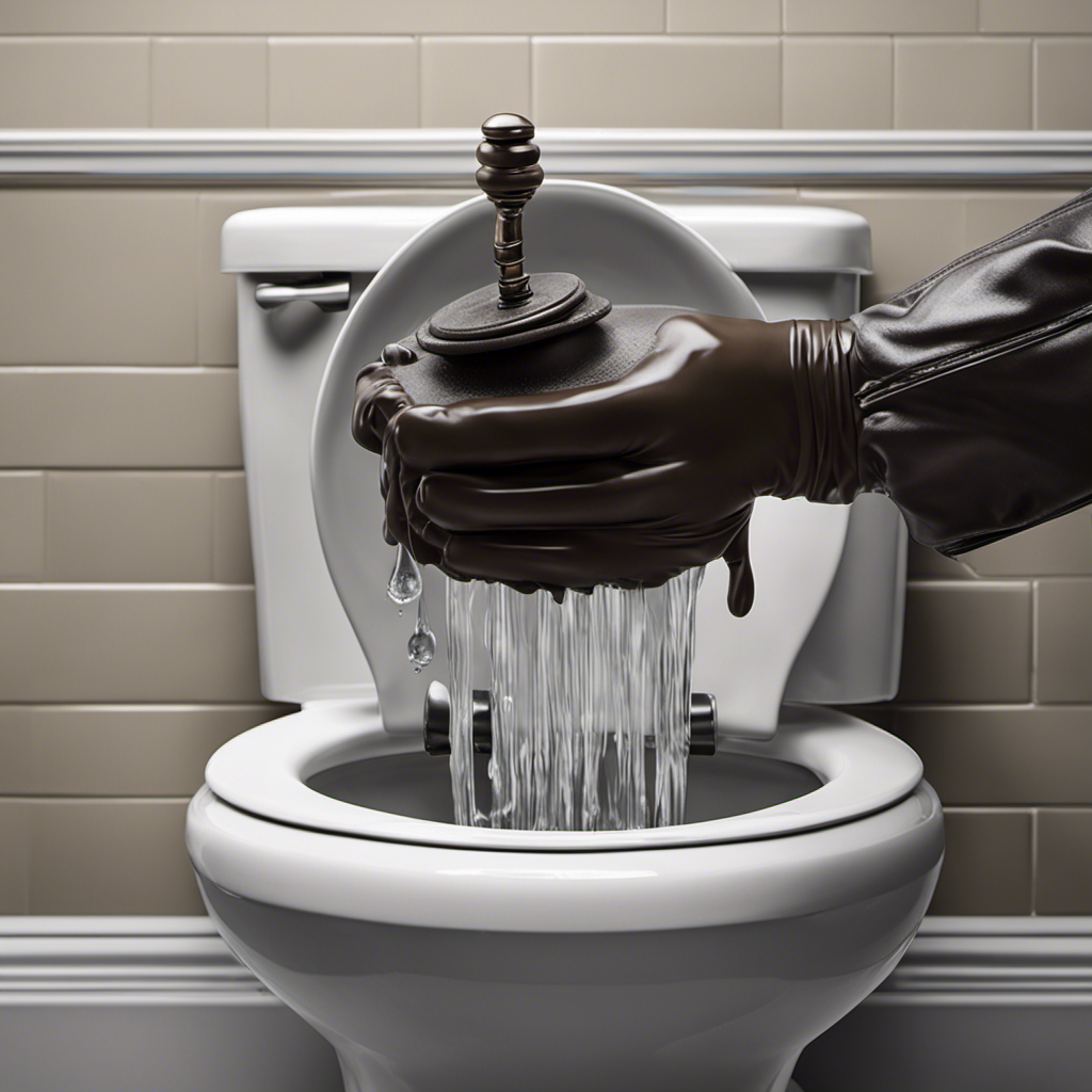 An image showcasing a pair of gloved hands reaching for a plunger, with water spilling over the rim of a toilet bowl