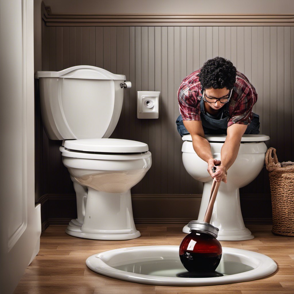 An image showcasing a person using a plunger to unclog a toilet, while another person is shown pouring a solution of vinegar and baking soda into the toilet tank, preventing future toilet overflows