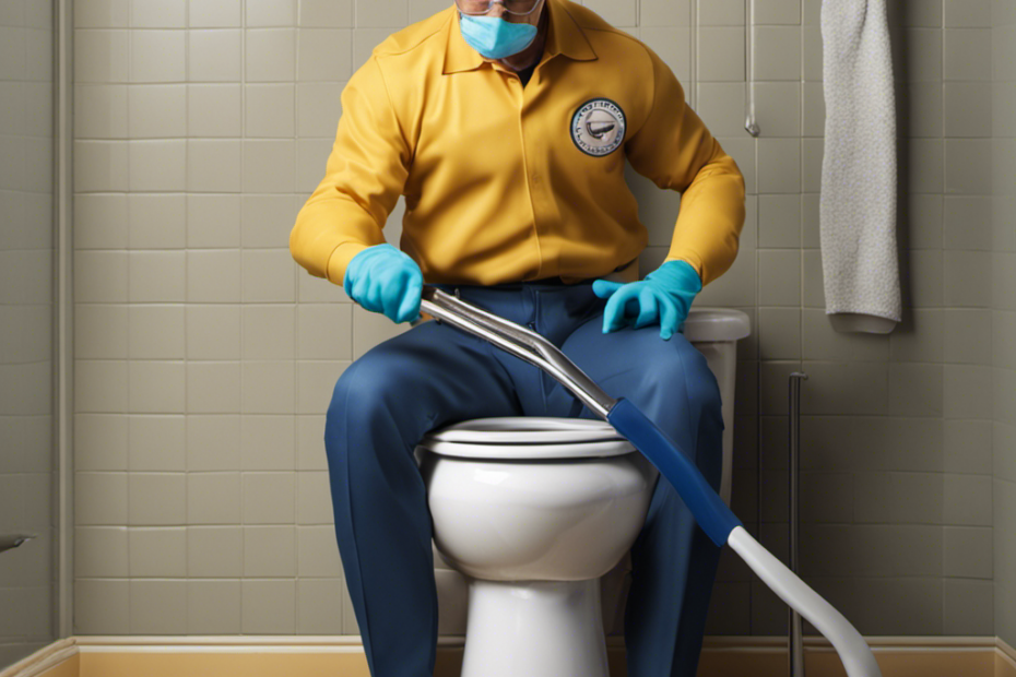 An image showcasing a person wearing rubber gloves, using a plunger to unclog a toilet