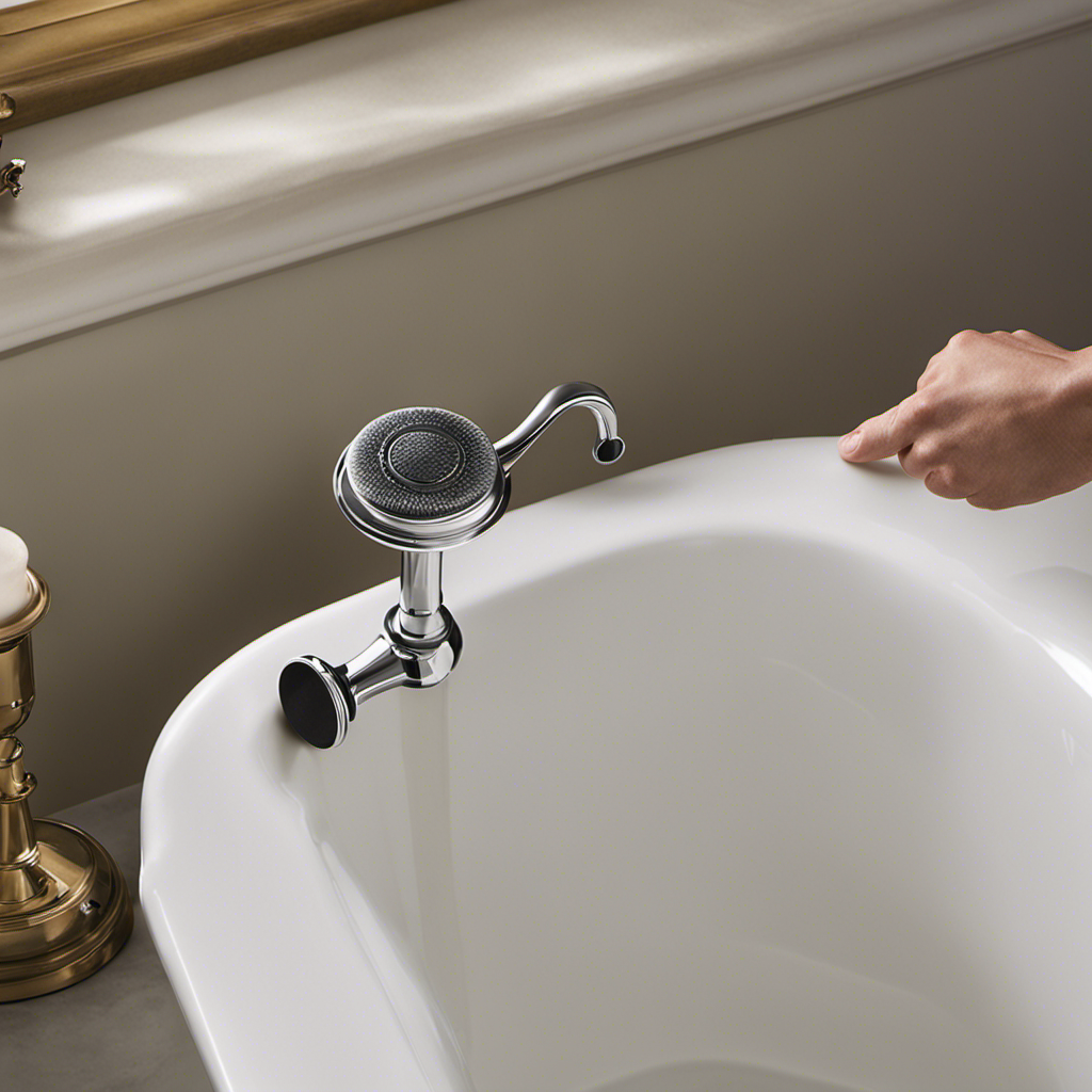 An image showcasing a hand firmly gripping a plunger's handle, positioned above a clogged bathtub drain