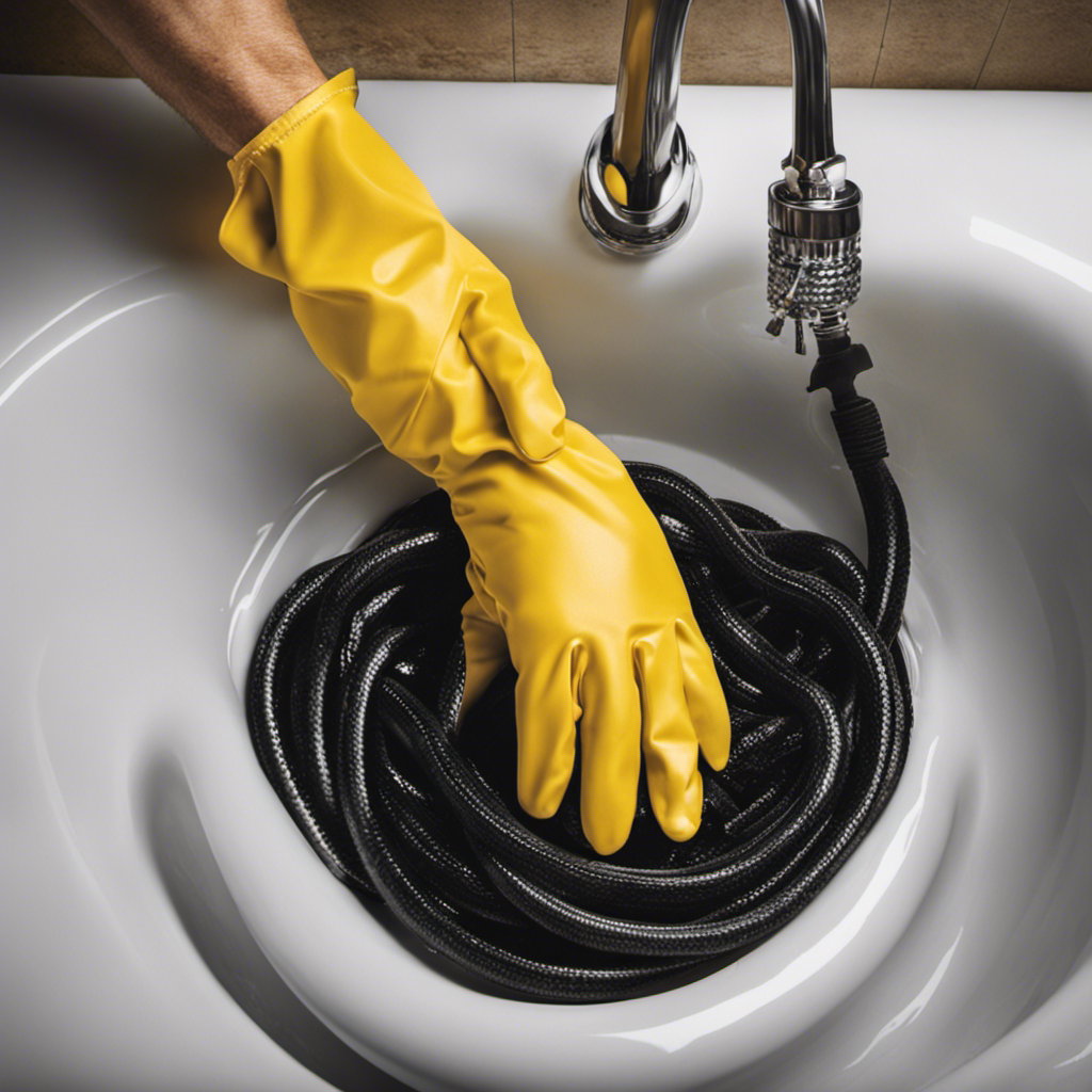 An image that vividly depicts a hand wearing a protective glove, skillfully using a drain snake to remove tangled strands of hair and debris from a clogged bathtub drain, revealing a clean pipe underneath