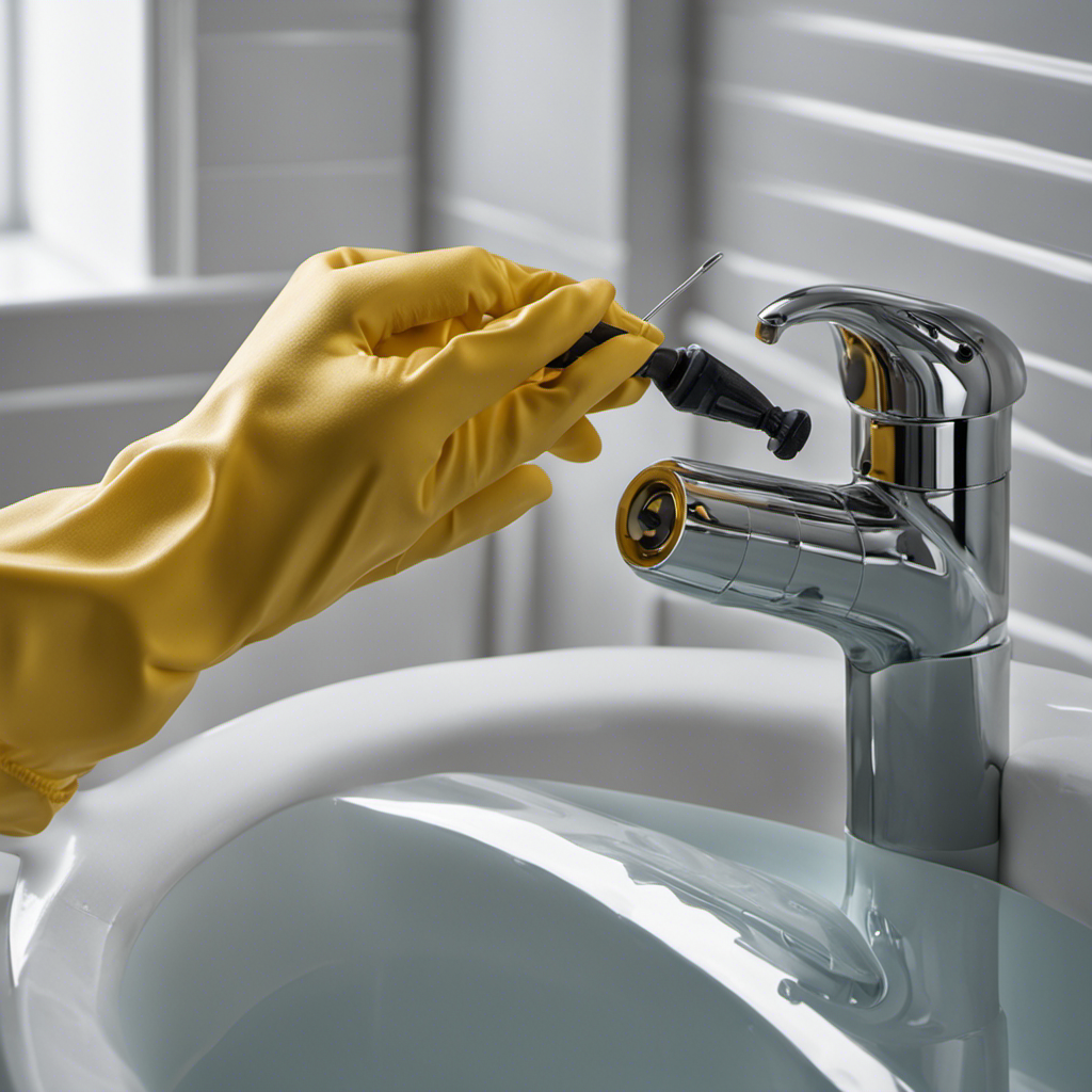An image showing a close-up view of a pair of gloved hands using a screwdriver to carefully remove the drain cover from a bathtub