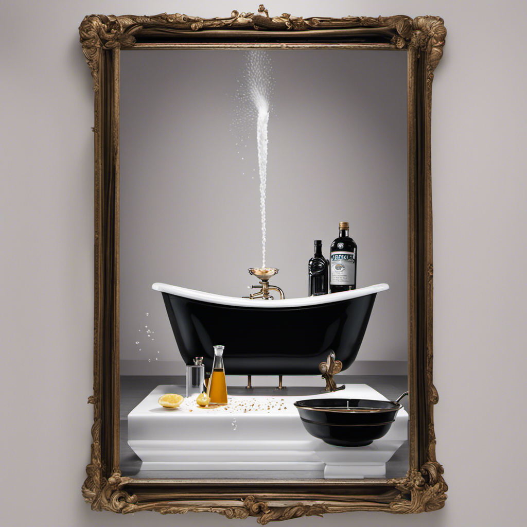 An image depicting a person pouring a cup of vinegar into a bathtub drain, followed by a person sprinkling baking soda