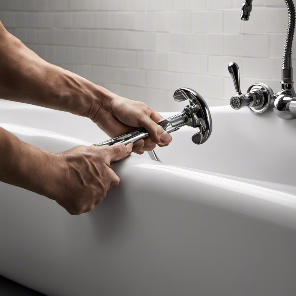 An image of a person's hand gripping a wrench, skillfully disassembling a bathtub faucet handle