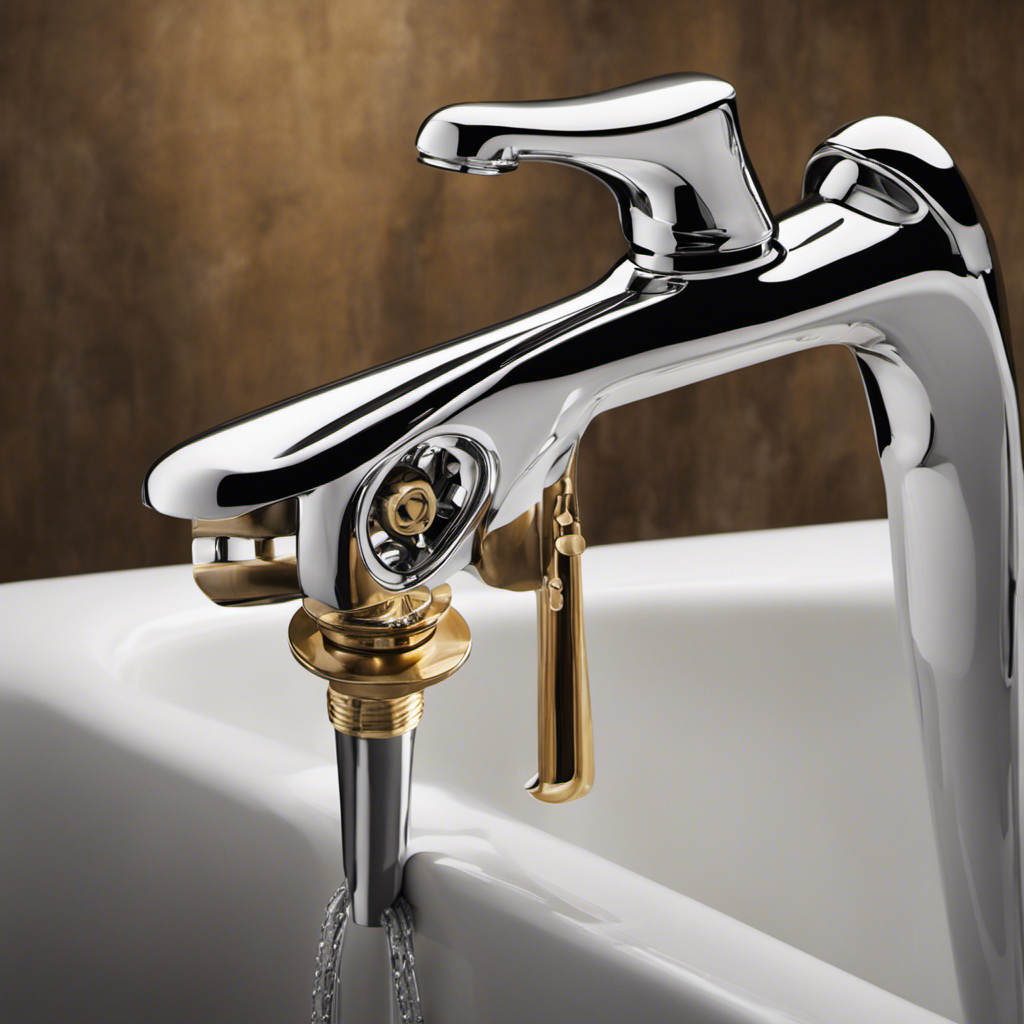 An image depicting a hand gripping a wrench, positioned beneath a bathtub faucet handle