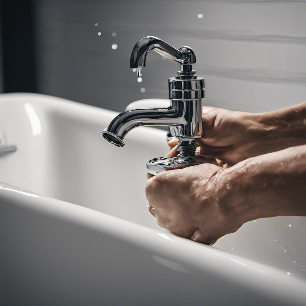 An image depicting a close-up of a person's hands, holding a wrench and turning a valve on a bathtub faucet