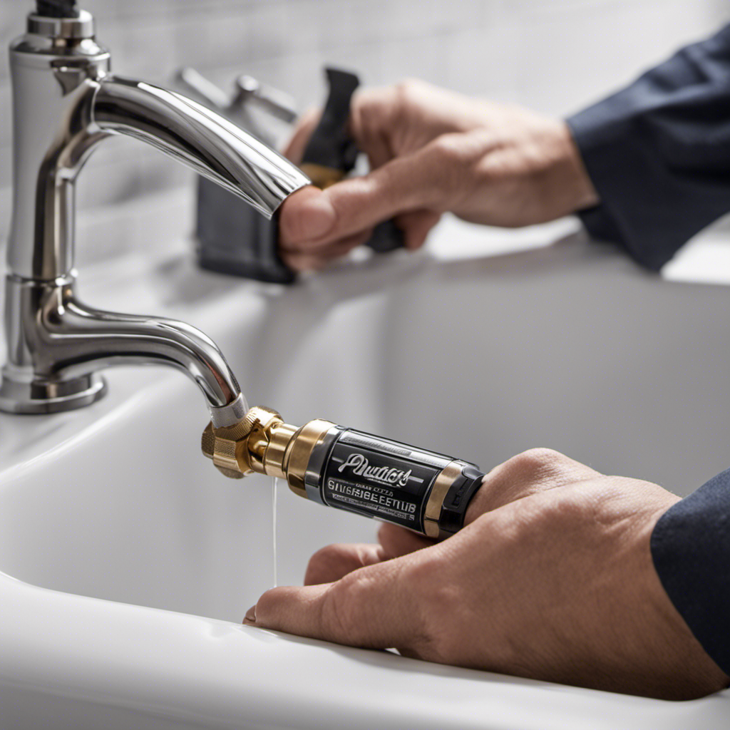 An image capturing a close-up view of a plumber's hand holding a cartridge removal tool, while carefully inspecting the bathtub faucet cartridge
