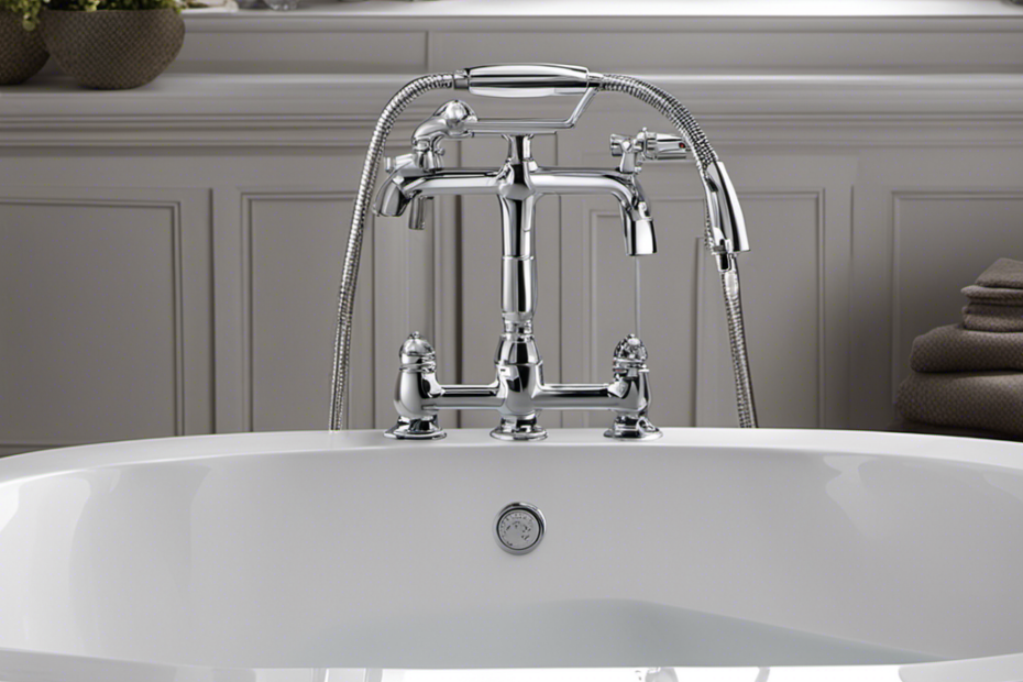 An image showcasing a pair of hands holding a wrench, delicately adjusting the water pressure control knob on a sleek bathtub deck, with focused water jets cascading in a soothing pattern