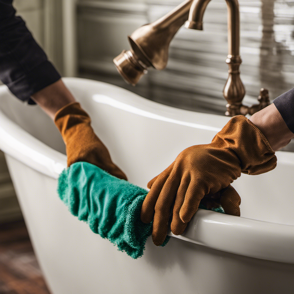 An image showcasing a pair of gloved hands gently scrubbing the rusted surface of a bathtub, with a close-up view of the scrub brush removing the rust particles, revealing a gleaming, restored tub