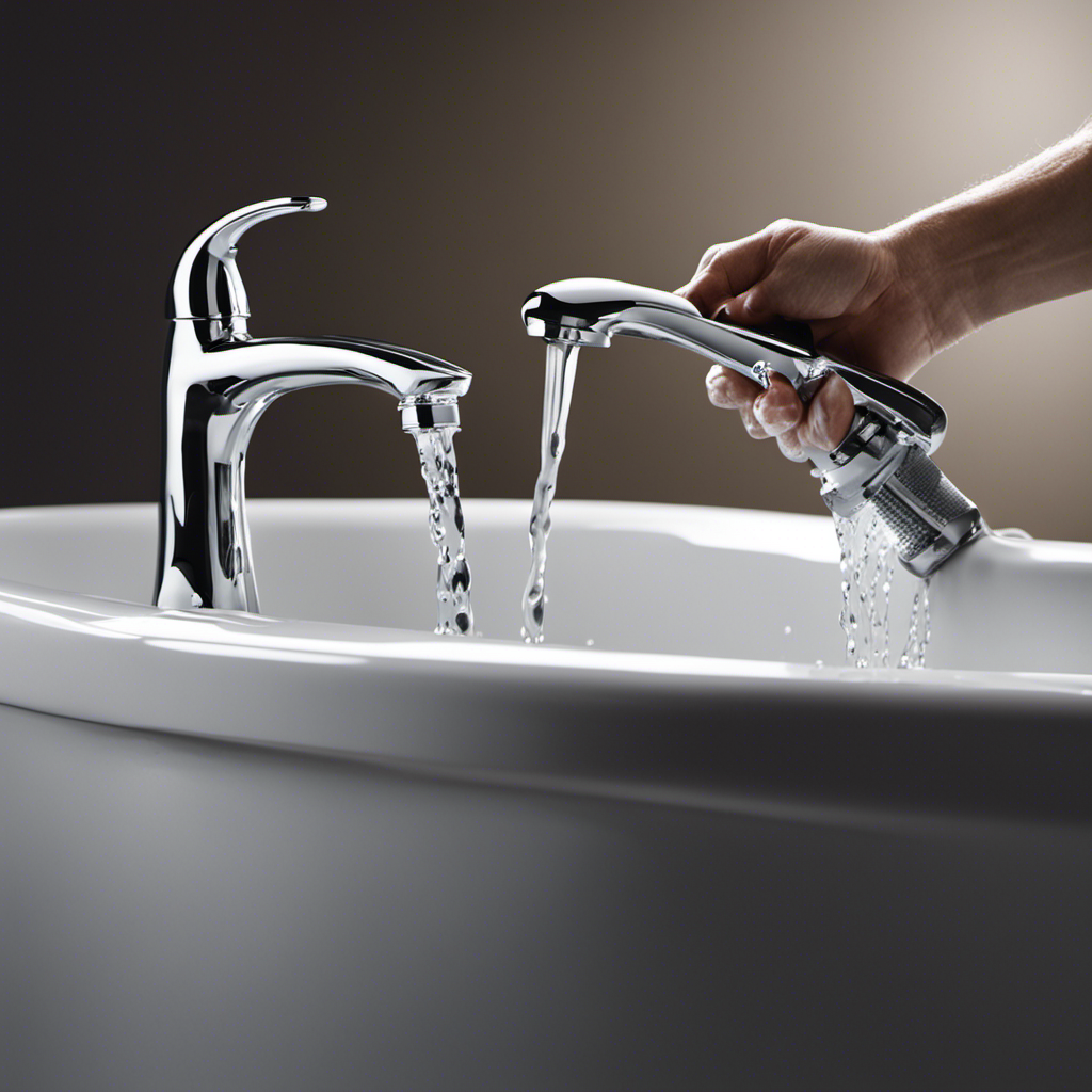 An image showcasing a pair of gloved hands holding a wrench, gently tightening the faucet handle of a bathtub