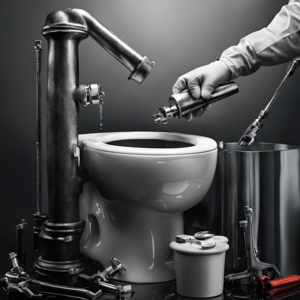 An image showcasing a pair of gloved hands holding a wrench, as they skillfully loosen the bolts of a toilet tank
