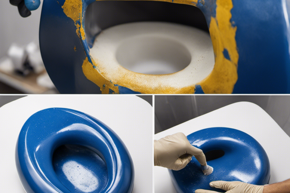 An image showcasing a pair of gloved hands sanding and repainting a chipped blue toilet seat
