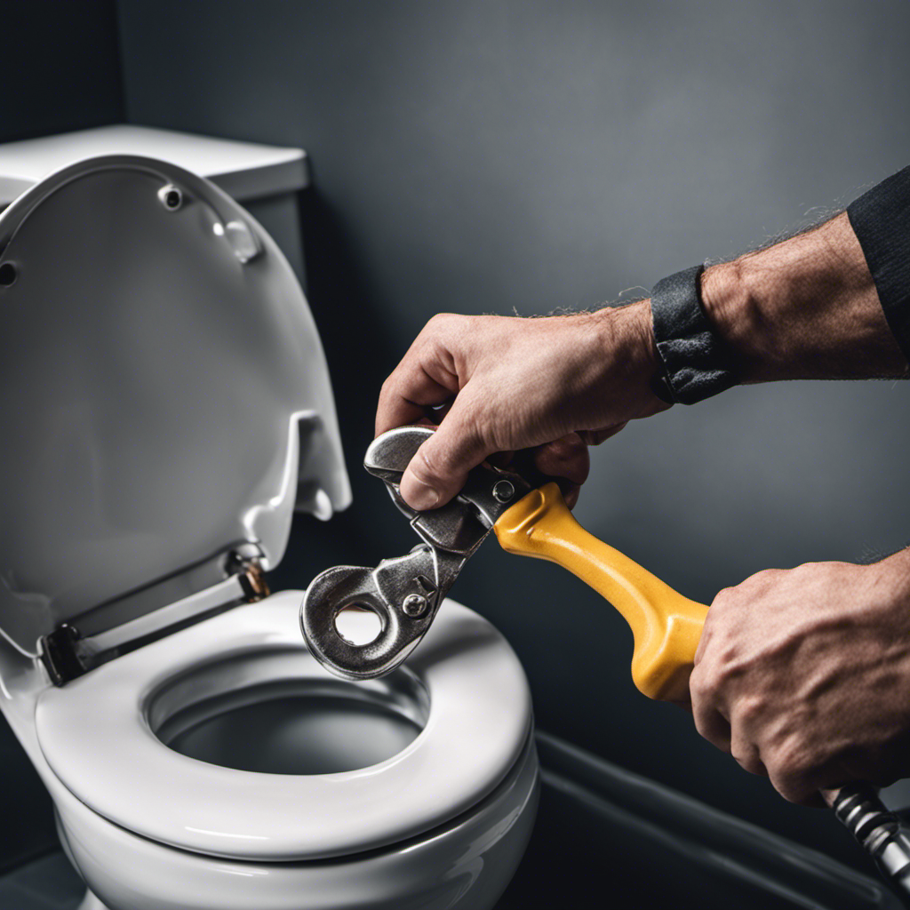 An image showcasing a close-up view of a hand gripping a wrench, positioned near a broken toilet handle