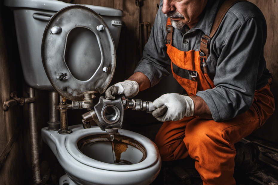 An image of a person wearing gloves, holding a wrench, and tightening the water supply valve beneath a broken toilet