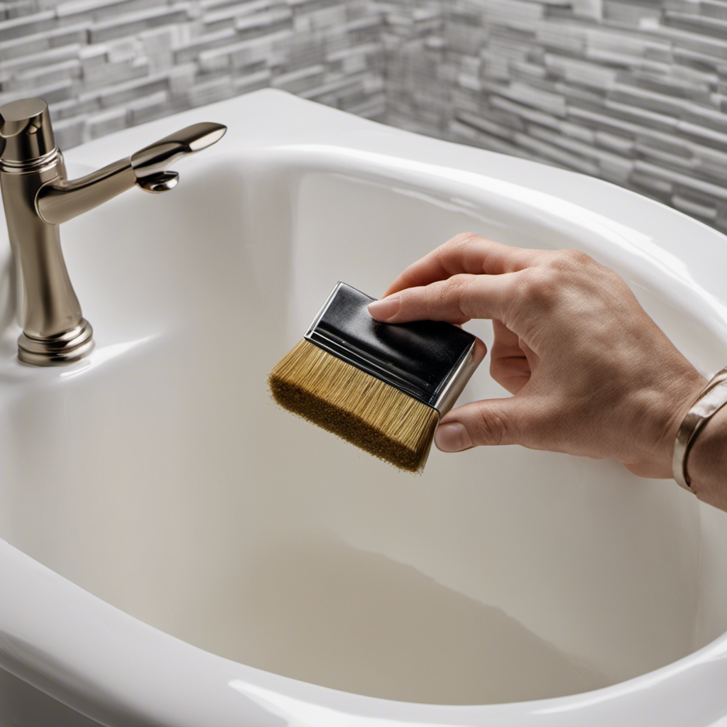 An image depicting a close-up view of a chipped bathtub, with a hand holding a repair kit consisting of epoxy resin, sandpaper, and a brush, ready to fix the chip flawlessly