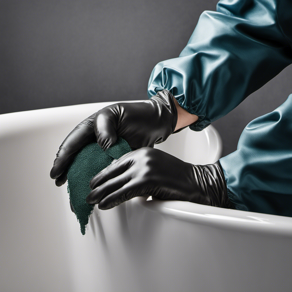An image showcasing a pair of gloved hands delicately sanding down the chipped enamel on a bathtub's surface, revealing the smooth bare metal underneath, ready for a fresh coat of enamel