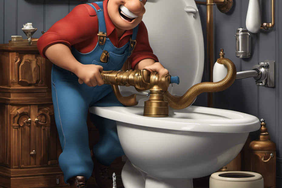 An image depicting a plumber wearing gloves and using a plunger to unclog a toilet, while simultaneously using a snake tool to clear a bathtub drain