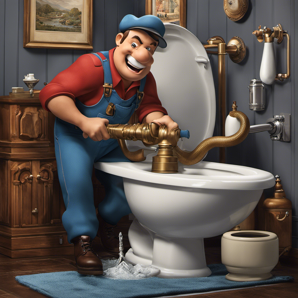 An image depicting a plumber wearing gloves and using a plunger to unclog a toilet, while simultaneously using a snake tool to clear a bathtub drain