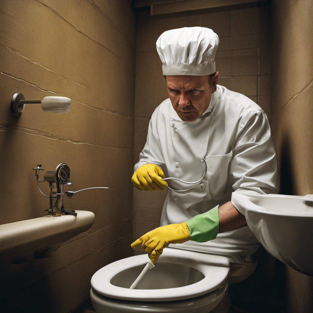An image showcasing a person wearing rubber gloves, using a bent wire hanger to gently dislodge a stubborn clog in a toilet bowl