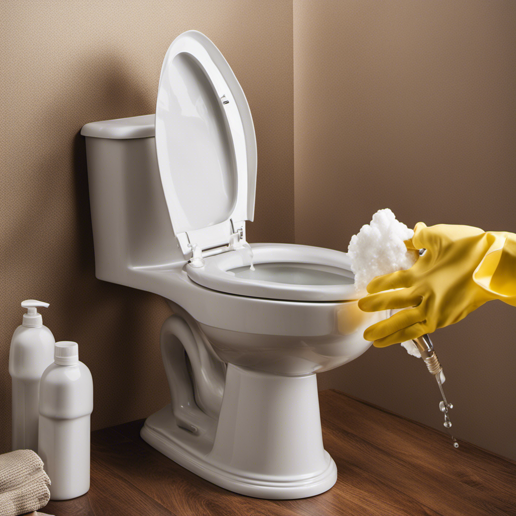 An image showcasing a pair of rubber gloves holding a mixture of baking soda, vinegar, and hot water being poured into a toilet bowl, demonstrating the natural method of unclogging a toilet without a plunger