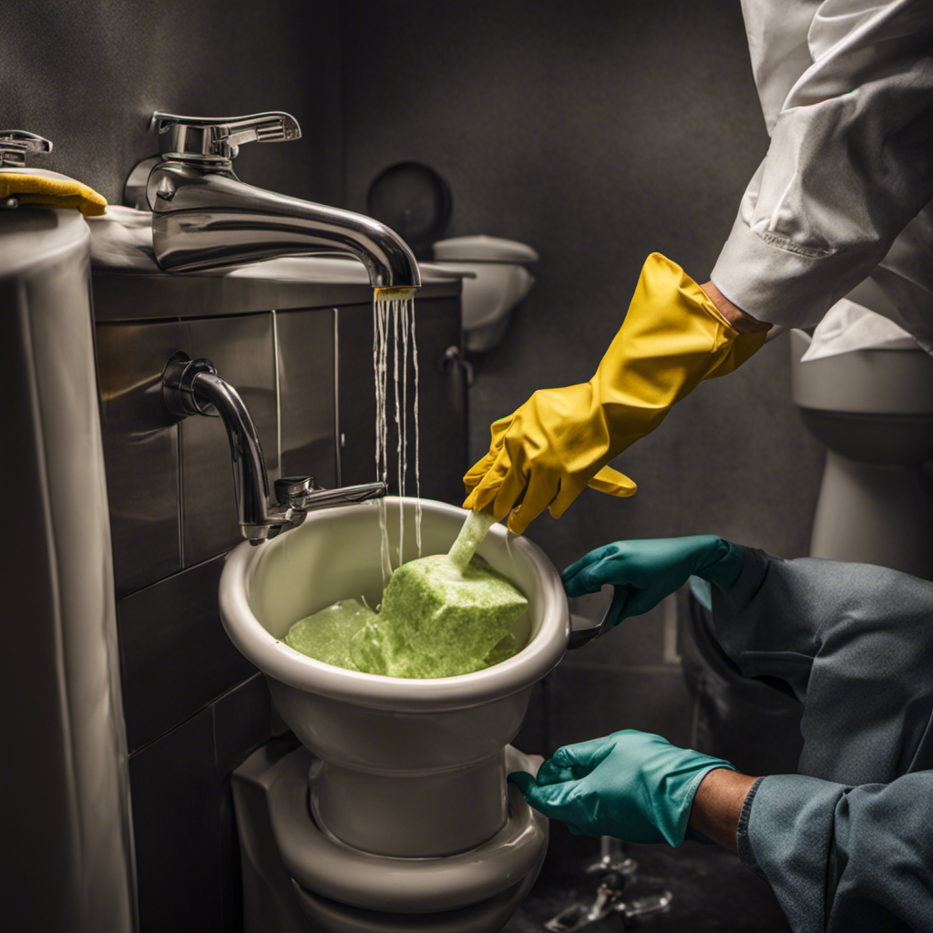 An image showcasing a person wearing rubber gloves, holding a bucket filled with hot water and dish soap, while gingerly pouring the mixture into a clogged toilet bowl
