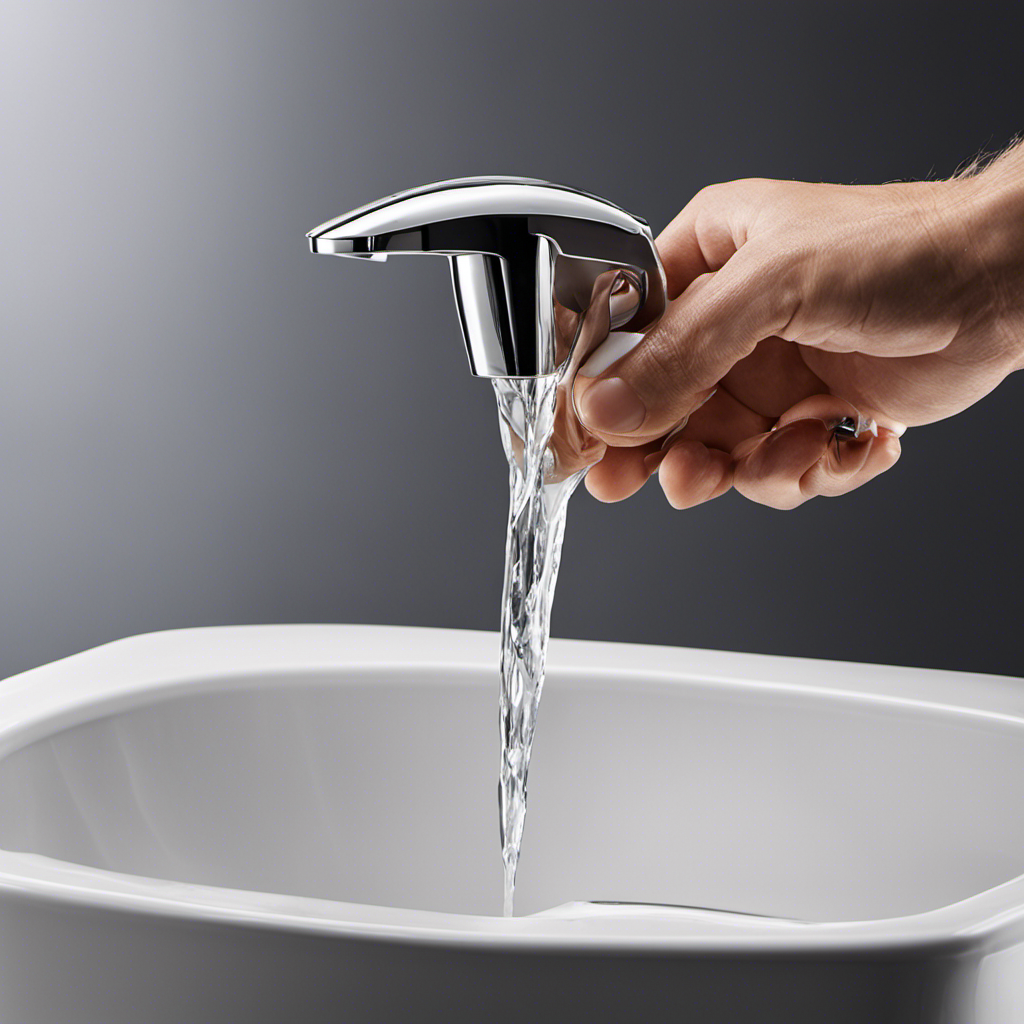 An image showcasing a close-up of a toilet tank with water continuously flowing into the overflow tube, while a hand adjusts the float valve height, highlighting the process of fixing a perpetually running toilet