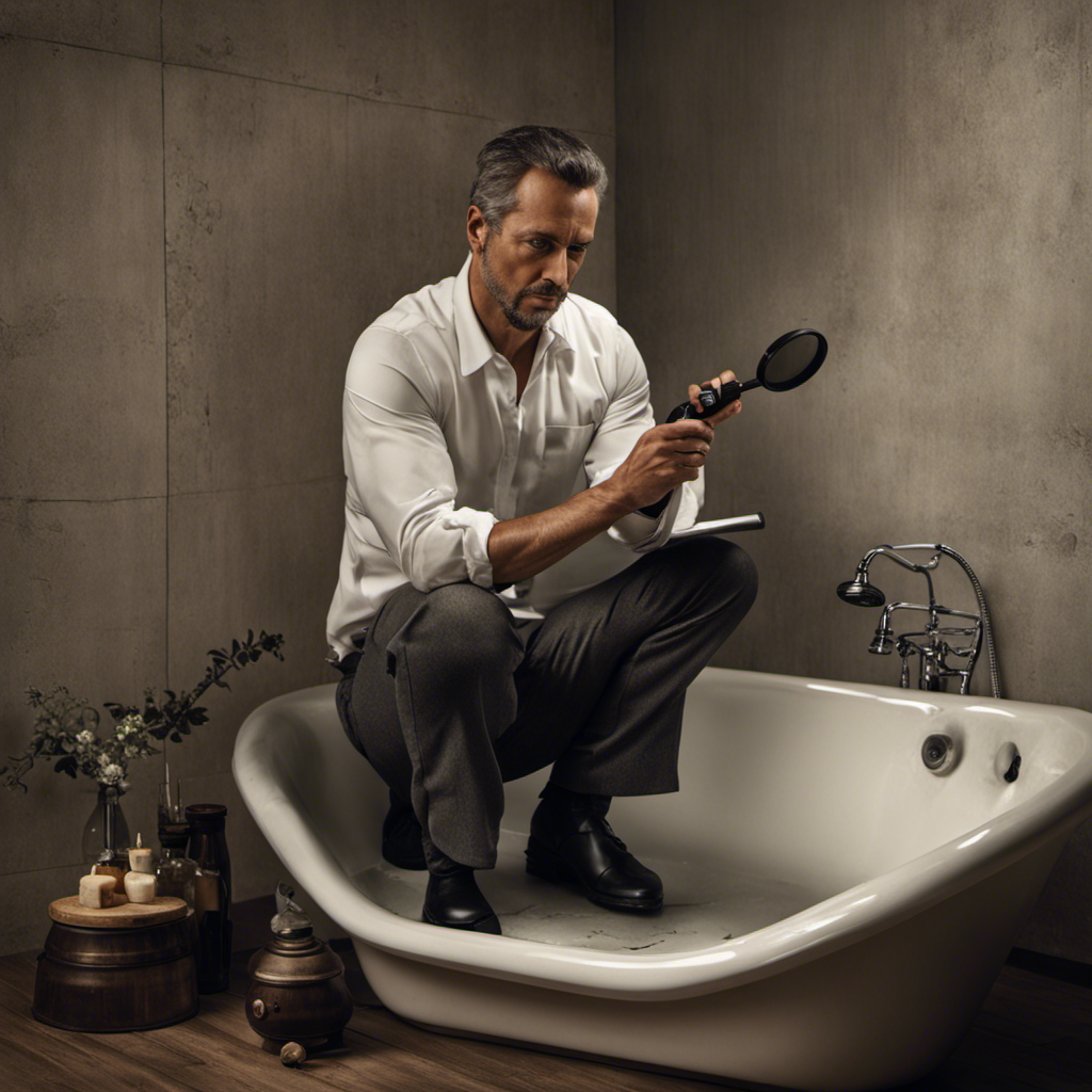 An image of a person kneeling beside a bathtub, closely inspecting a hairline crack with a magnifying glass