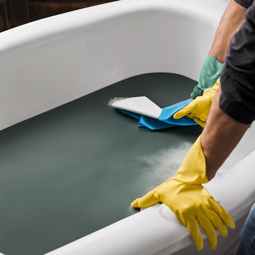 An image capturing the step-by-step process of preparing the bathtub surface for crack repair