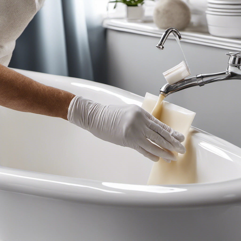 An image showcasing a pair of gloved hands applying a clear epoxy adhesive meticulously along the length of a hairline crack in a pristine white bathtub, ensuring a seamless repair