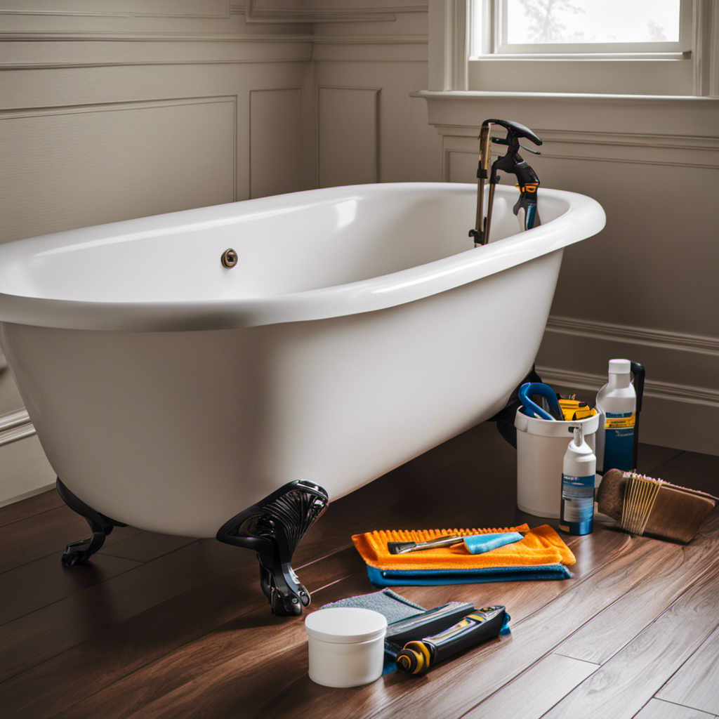 An image showcasing a neatly caulked bathtub with a waterproof seal, surrounded by various tools like a scraper, caulk gun, and rubber gloves, highlighting the importance of proper maintenance in preventing future cracks
