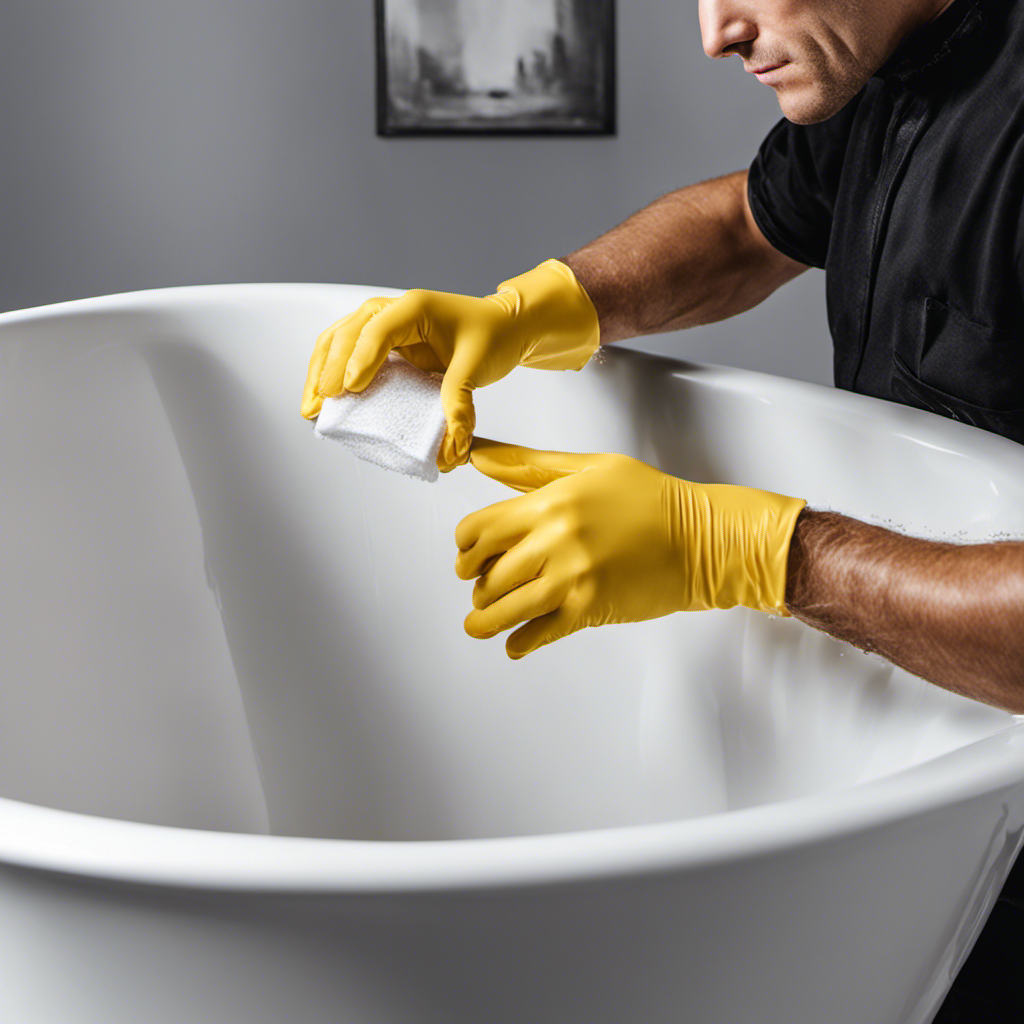 An image showcasing a pair of gloved hands gently applying a clear, waterproof sealant to a hairline crack in a glossy white bathtub, ensuring a watertight and durable repair