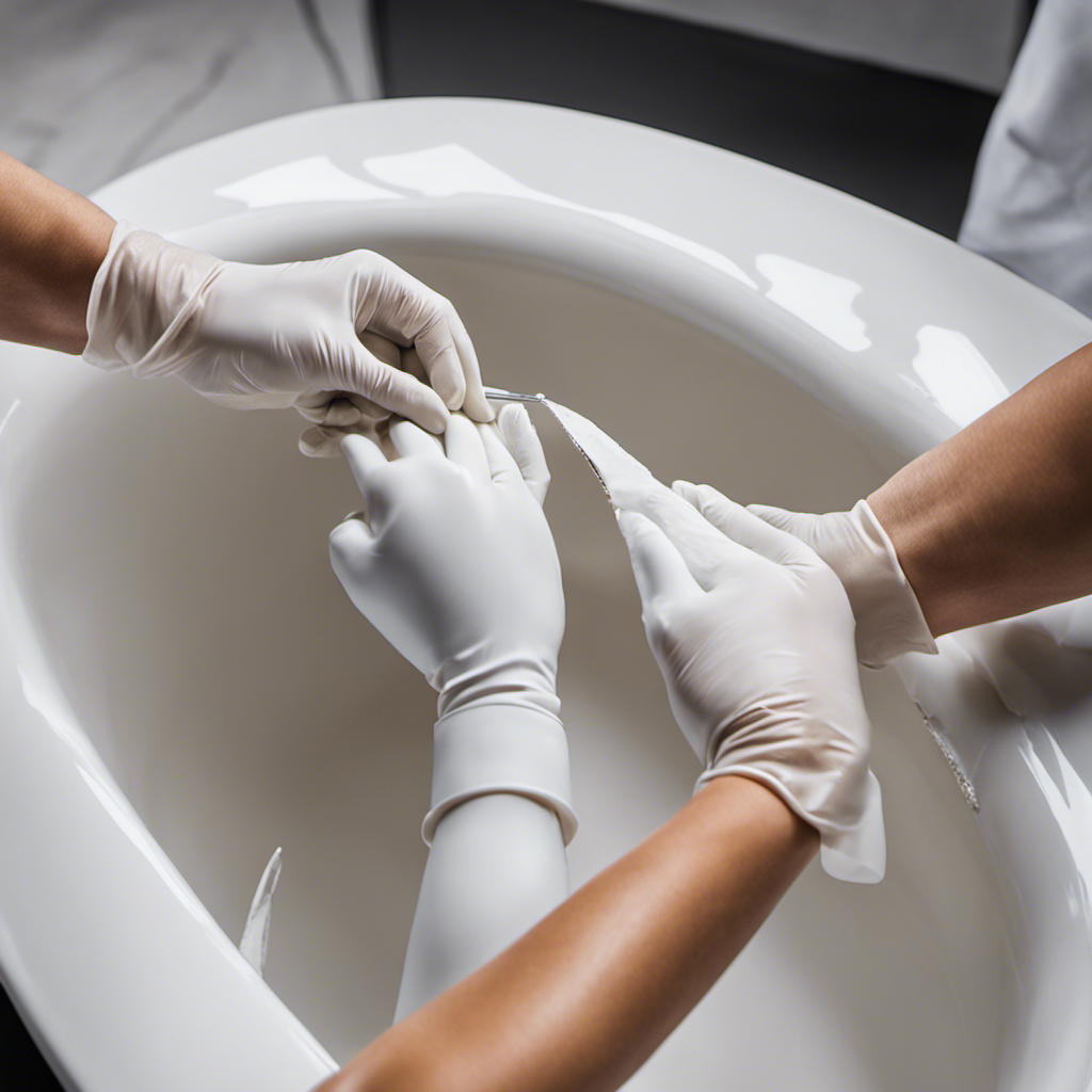 An image showing a set of hands wearing rubber gloves, delicately applying epoxy adhesive to a hairline crack on a white porcelain bathtub