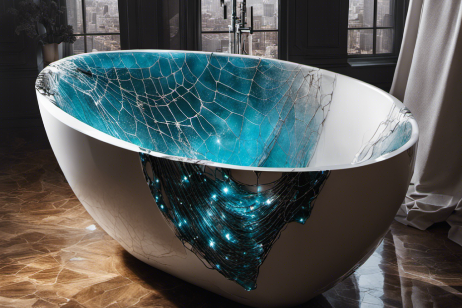 An image that showcases a pair of gloved hands meticulously applying epoxy resin into the intricate web of cracks on a sleek white bathtub, with a bright light illuminating the process