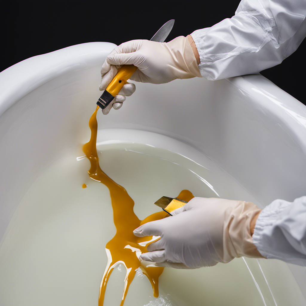 An image of a pair of gloved hands skillfully applying epoxy resin along a hairline crack in a pristine white bathtub, using a small putty knife, showcasing the step-by-step process to fix cracks flawlessly