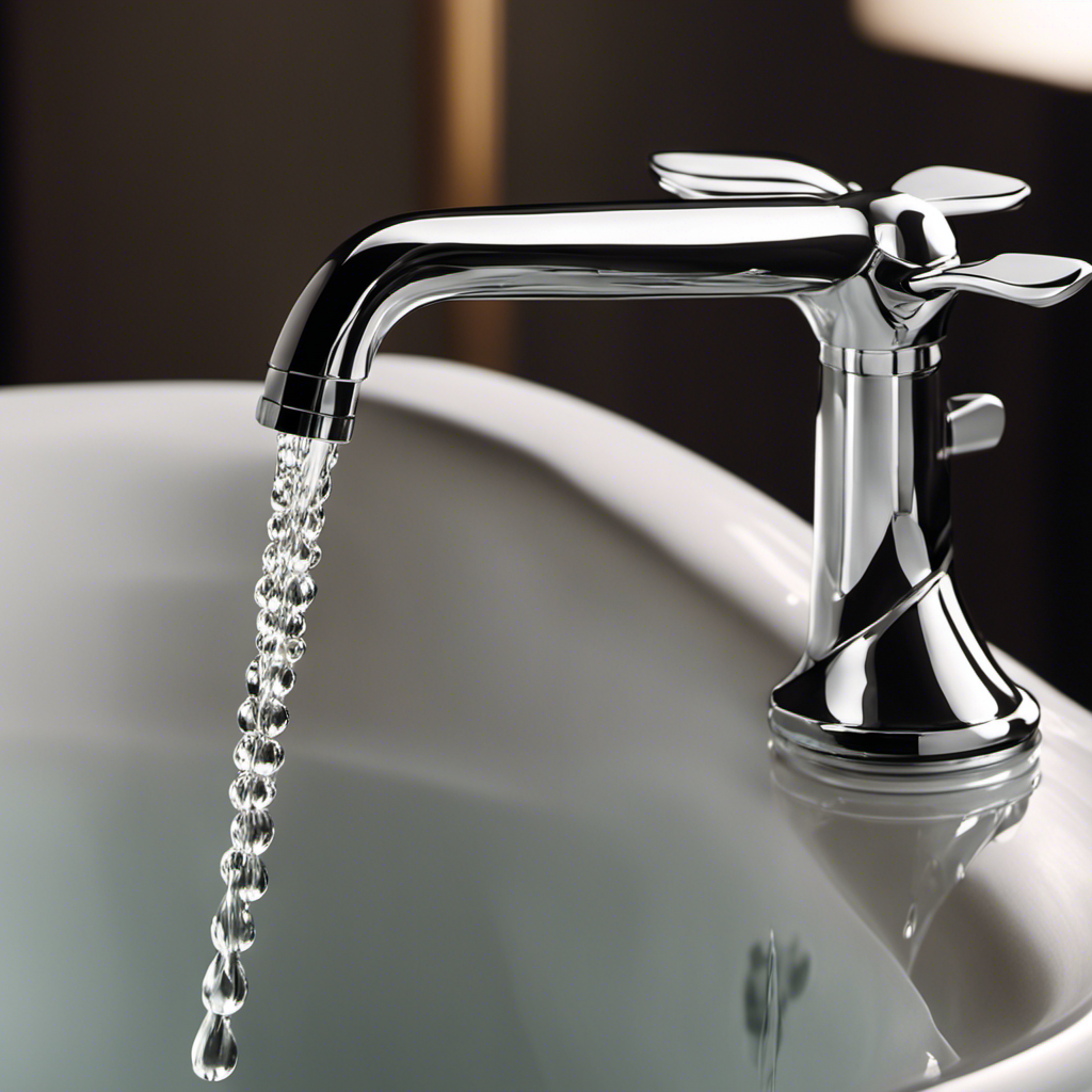 An image showcasing a close-up view of a bathtub faucet, with water droplets falling from it