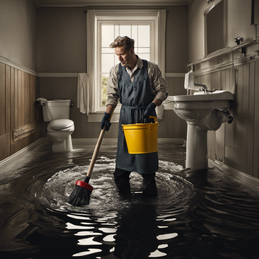 An image depicting a person wearing rubber gloves, holding a plunger, standing in front of a flooded toilet