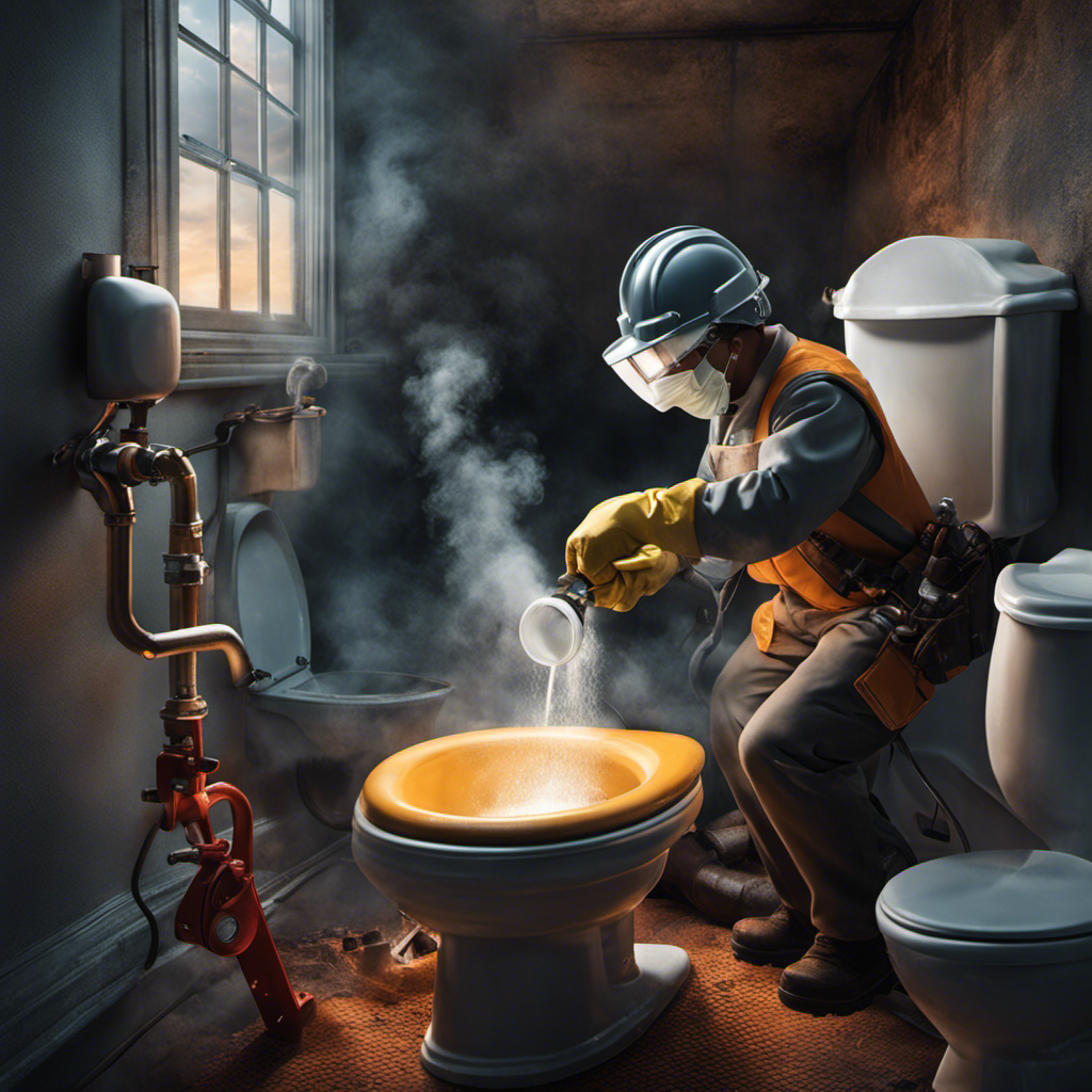 An image showcasing a pair of hands wearing rubber gloves, holding a wrench and tightening the water supply line valve of a toilet while a cloud of hissing steam dissipates in the background