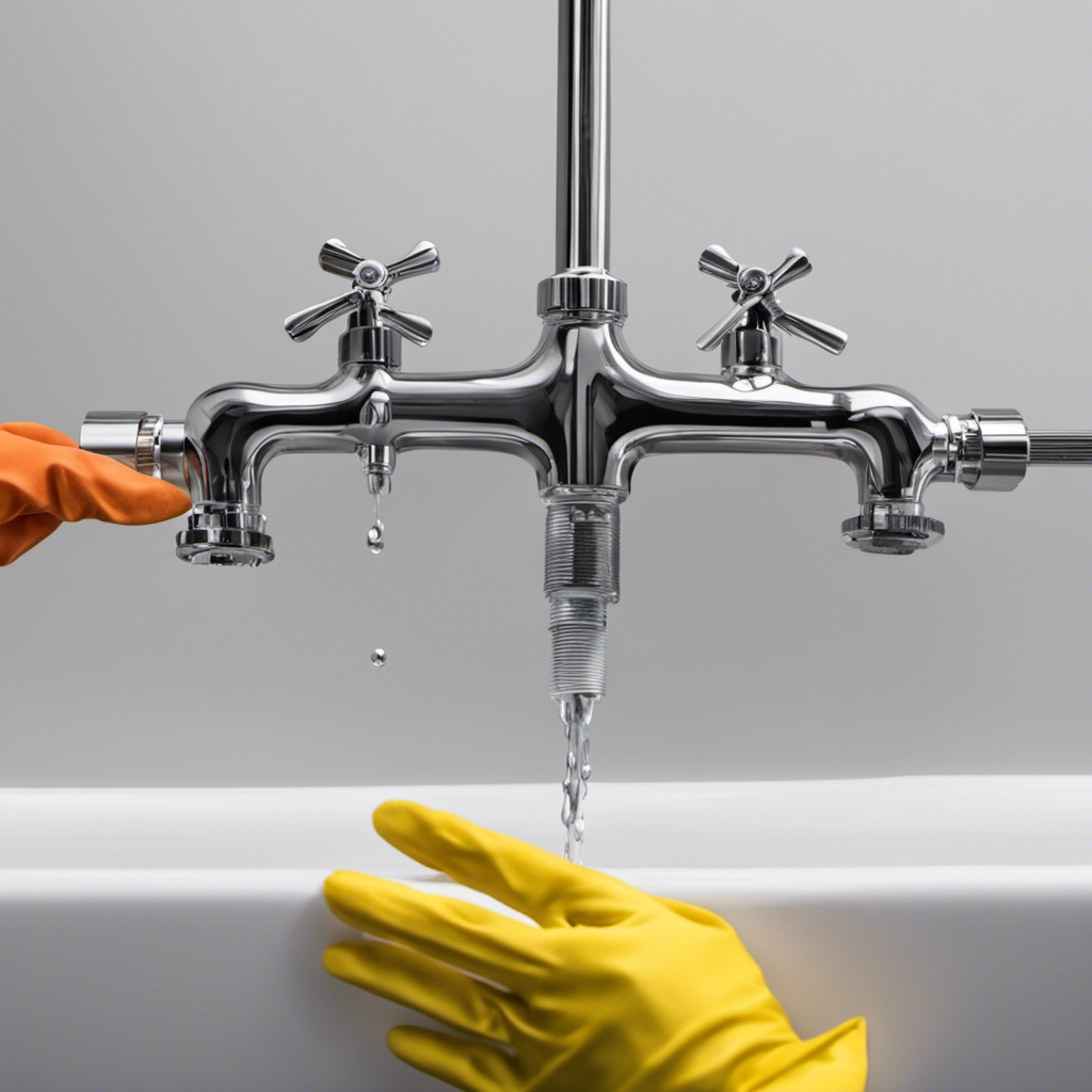 An image of a pair of hands wearing rubber gloves, holding a wrench and tightening the fittings of a bathtub drain pipe